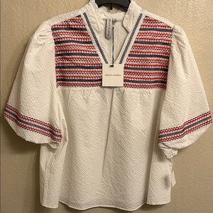 Grace & Karma Women Embroidered Bubble White Red Sleeve Top Size 1X